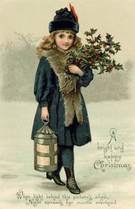 Ung jente med kristtorn og lykt, postkort, tidlig på 1900-tallet av English School