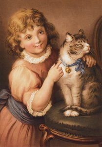 Ung jente med en katt (chromolitho) av English School