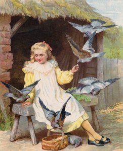 Unge jenter som mater duer på en gård (chromolitho) av English School