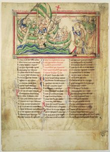 f.4v Thomas a Becket lander ved Sandwich og velsigner vannet, fra Becket Leaves, ca. 1220-40 av English School