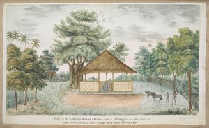 f.84 (95) Statuen av Kiay Poerwakali i et stråtak utenfor landsbyen Batu Tulis (W. Java). Innskrevet foran med blekk: Utsikt over Kampong Batoe Toelies med en Pondoppo eller skur i nærheten der det står et steinbilde kalt Kiai Poerwa Kalie. C av English School