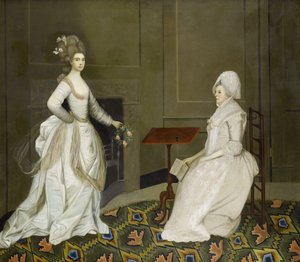 To damer i et interiør, den ene leser, den andre holder en blomsterkrans av English School, 18th Century