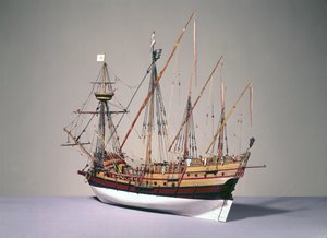 Rigget modell av en portugisisk karavel fra ca. 1535 (tre) (se også 3236)