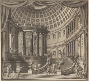 Design for et scenegardin: Interiøret til et forseggjort tempel dedikert til illustere menn