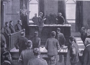 En rettssak for forræderi i Bloemfontein, fra After Pretoria: The Guerilla War utgitt av Harmsworth Bros Limited, 1901 av Enoch Ward