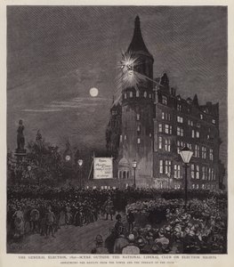 Kunngjøring av resultatene fra generalvalget i 1892 fra Liberal Club, Westminster, London (litho) av Enoch Ward