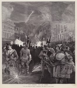 Guy Fawkes Day prosesjon i Lewes, Sussex, 5. november 1892 (litho) av Enoch Ward