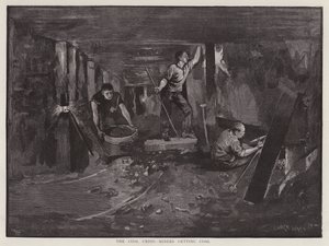 Gruvearbeidere som jobber under jorden ved kullflaten (litho)