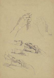 Six Studies of Hands, ca. 1870-90 (grafitt og kritt på brunt vevd papir)