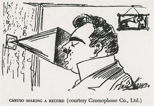 Caruso gjør sin første grammofoninnspilling, 1902 (tegning) av Enrico Caruso