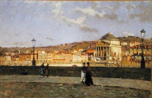 Kai langs elven Po og kirken Grande Madre di Dio, Torino, 1882 av Enrico Reycend
