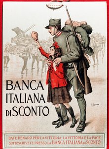 Første verdenskrig: Italiensk plakat som oppmuntrer til et nasjonalt lån som representerer en soldat med en liten jente som tilbyr sin lira - Illustrasjon av Enrico della Leonessa (Løvinne) (1875-1921)