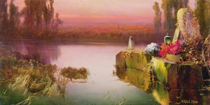 Oversvømmede ruiner ved solnedgang, ca. 1898 (olje på lerret) av Enrique Serra