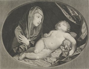 Jomfruen med armene i kors over brystet og ser på det sovende spedbarnet Kristus, i..., 1770-1834. av Ephraim Gottlieb Krüger
