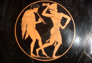 Drikkekopp, Kylix of Girl Dancing with Youth Playing Flute, Attic, c510 BC av Epikektos
