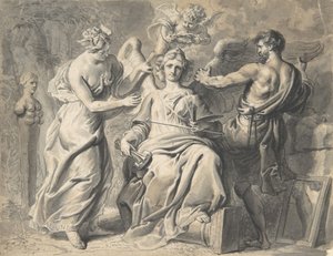 En allegori av kunsten med Isis og geometri som deltar i den trehodede figuren fra..., 1600-tallet
