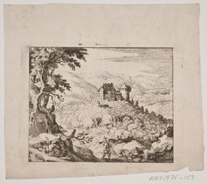 Fjelllandskap med et slott og en vandrer av Erasmus Sigismund Resch