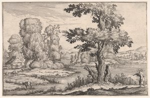 Landskap med geiter som beiter nær en elv og en figur i høyre forgrunn, fra en ser..., 1638.