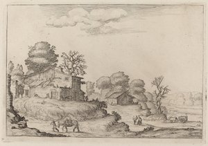 Rustikk landskap med bønder og hester