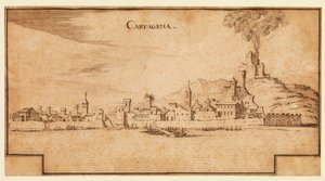 Utsikt over Cartagena, Spania, ca. 1642 (penn og brunt blekk på lagt papir, med brune blekkrammelinjer trappet nederst) av Ercole Frigoni Bazzicaluva