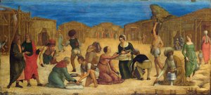 ""The Gathering of Manna in the Sinai Desert"" - Av Ercole Roberti (Ercole Ferrarese) (ca. 1450-1496) Israelittene samler Manna Tempera på lerret 1490s National Gallery, London 28,9x63,5