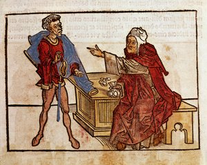 Transaksjon mellom en jøde og en lånehai Side hentet fra reiseboken "" Peregrinatio in Terram Sanctam"" etter pilegrimsreisen i Bernard de Breydenbachs (Breidenbach) (1454-1497) hellige land illustrert med graveringer av Erhard Reuwich