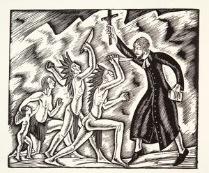 Angrepet, fra The Travels and Sufferings of Father Jean de Brebeuf av Eric Gill