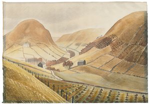 Corn Stooks and Farmsteads - Hill Farm, Capel-y ffin, Wales, 1938 av Eric Ravilious