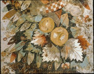 Feston mit Masken, Blättern und Früchten