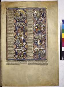 Helside: åtte medaljonger som omslutter miniatyrer ledsaget av en forklarende tekst, ca. 1225–1250 (tempera på pergament) av Erich Lessing