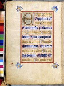 Helside: innrammet tekst med sammenflettet initial #39;E#39;: Kolofon av skriveren og illuminatoren Johann von Troppau av Erich Lessing