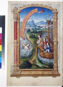 Helside: miniatyr omsluttet av en arkitektonisk ramme: to skip med Margaret av Østerrike og andre figurer i et vidstrakt landskap, ca. 1504 (temperamaleri) av Erich Lessing