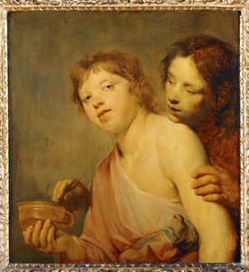 Unge menn tenner piper i en bålpanne. Allegori… av Erich Lessing