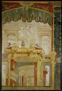 Scenografisk veggdekorasjon med fantastisk arkitektur og nedfellbart forheng, en romersk oppfinnelse av Erich Lessing