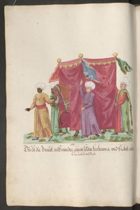 Türkische Hochzeitszeremonie: Braut zu Pferd, hinter einem Vorhang, mit drei Dienern und einem Eunuchen, der ihr Pferd führt