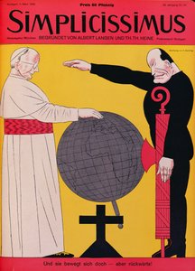 Pave Pius XI (1857-1939) og Mussolini (1883-1945) på tidspunktet for Laterantraktaten fra 1929, omslagsillustrasjon av magasinet Simplicissimus, 4. mars 1929 (litho i farger) av Erich Schilling