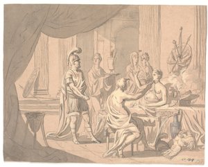 Antikk scene. En edel dame er utsmykket av andre damer foran en hjelmkledd kriger av Erik Pauelsen