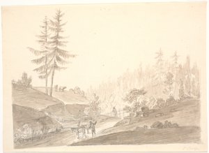 Norsk fjellandskap med storfe og to menn av Erik Pauelsen
