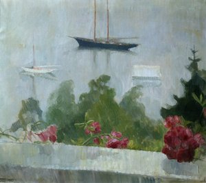 Båten, blomster på verandaen av Erik Theodor Werenskiold
