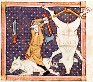 Desember: slakting av griser. Miniatyr hentet fra "Breviaire d