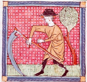 juni: en bonde som holder en sigd. Miniatyr hentet fra "Breviaire d'amour"" (Breviari d'Amor) av Ermengol de Beziers (Matfre Ermengau) (Ermengaud) (død 1322)