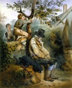 Barn som stjeler epler under den sovende bondens nese - litografi av Grenier, v.1840 av Ernest (after) Grenier