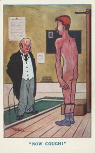Lege ber en naken mann hoste under en medisinsk undersøkelse (farge litho) av Ernest (after) Noble