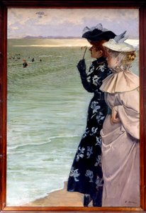 Vakker periode: “” Badetid ved sjøen””” To kvinner i kysten undersøker badegjestene i kikkert. Maleri av Ernest Ange Duez (1843-1896) 1896 Søn. 1,06x1,6 m Rouen, musee des Beaux Arts - Belle epoque: "" Badetid ved sjøen"" To kvinner på 