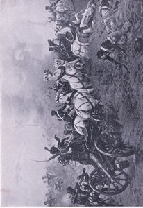 Fangst av det franske batteriet av det 52. Oxfordshire Light Infantry Regiment ved Waterloo 18. juni 1815, illustrasjon fra britiske slag på land og sjø, 1915 av Ernest Crofts