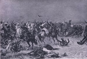 Anklagen om Kings Own Light Dragoons ved Mudki, illustrasjon fra British Battles on Land and Sea, 1915 av Ernest Crofts