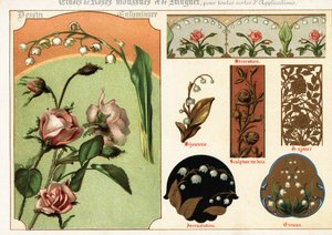 Bilder av moserose og liljekonvall fra manuskripter og av Ernest Guillot
