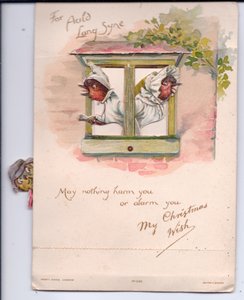 Et viktoriansk julekort med to røvere i nattklær som ser ut av vinduet i uro, ca. 1880 av Ernest Henry Griset