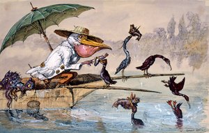 Skarv som presenterer fisk for en pelikan i et skudd under en paraply, c1864-1907 av Ernest Henry Griset