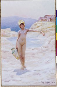 Algerisk jente har kannen En naken jente iført en lue iført en kanne med vann nær en vannkilde i en oase i ørkenen. Akvarell av Louis Ernest Lessieux (1874-1925) Obligatorisk omtale: Collection fondation regards de Provence, Marseille av Ernest Louis Lessieux